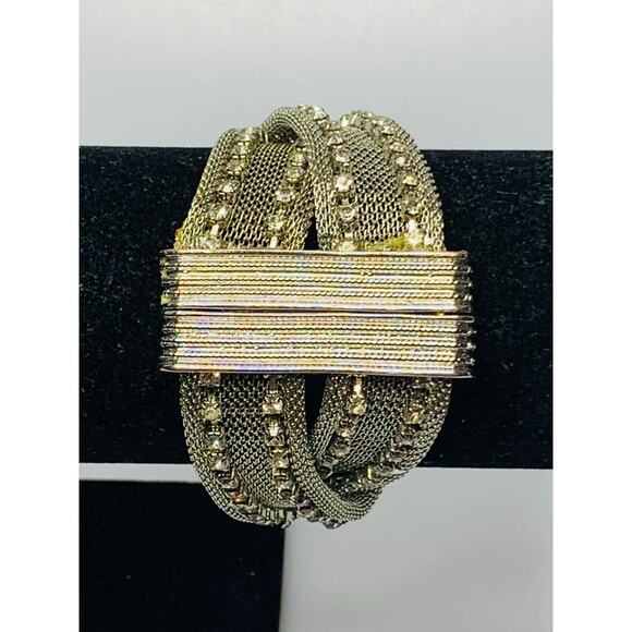 Silver Metal Mesh Bracelet with Rhinestones, Magnetic Clasp - Picture 1 of 7